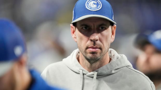 Dec 31, 2023; Indianapolis, Indiana, USA; Indianapolis Colts head coach Shane Steichen walks the sideline during a game against the Las Vegas Raiders at Lucas Oil Stadium. Mandatory Credit: Bob Scheer-USA TODAY Sports